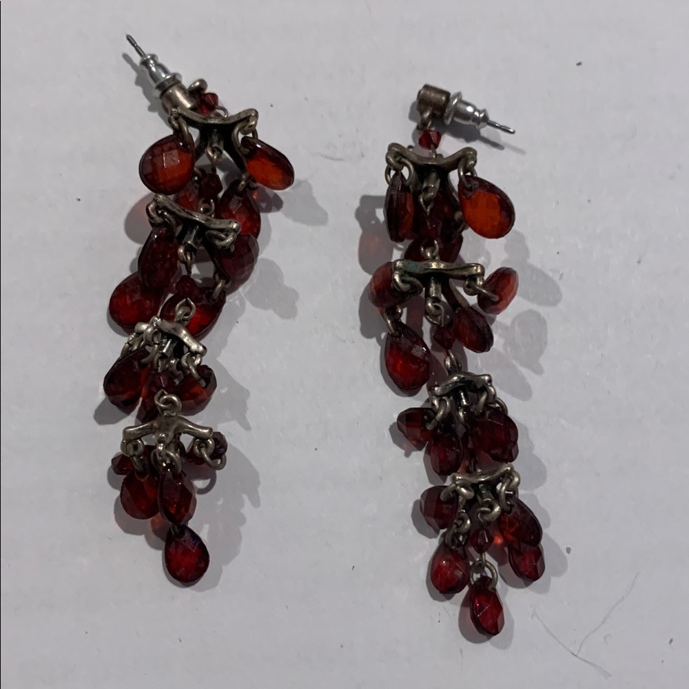 Silver w faux garnets 3” dangle pierced Earrings stainless wires